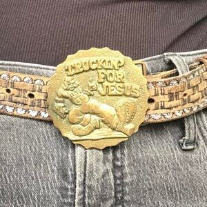 Vintage collectible R. Crumb Truckin' for Jesus brass belt buckle